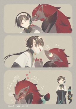 3_panel_comic >_< accessory ambiguous_anthro ambiguous_gender ambiguous_humanoid anthro biped black_body black_fur black_hair blush blush_lines bodily_fluids chest_tuft claws clothed clothed_ambiguous clothed_humanoid clothing duo_focus embarrassed eye_contact eyes_closed fake_horns flustered flying_sweatdrops fur green_eyes grey_background grey_body grey_fur group hair hand_on_shoulder headband humanoid_pointy_ears logo long_hair looking_at_another pointy_ears ponytail quadruped red_body red_claws red_fur red_hair role_reversal seductive simple_background standing sweat sweatdrop teal_body teal_fur trio tuft white_fangs yellow_sclera iimia nintendo pokemon eeveelution elf generation_2_pokemon generation_5_pokemon humanoid pokemon_(species) shiny_pokemon umbreon zoroark 2026 artist_logo comic dated digital_drawing_(artwork) digital_media_(artwork) hi_res japanese_description sequence signature female_(lore)