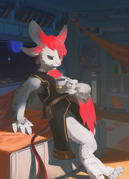 anthro bed coffee_mug female furniture hair planet red_hair solo space tired wings aidelank jesoli avali absurd_res hi_res trans_(lore) trans_woman_(lore)