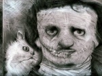 ambiguous_gender black_hair duo fur hair happy looking_at_viewer male nightmare_fuel sharp_teeth smile teeth whiskers unknown_artist edgar_allan_poe domestic_cat felid feline felis human humanoid mammal monster monstrous_humanoid greyscale monochrome