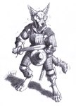 5_fingers anthro armor biped claws digitigrade fangs fingers fur group inner_ear_fluff male open_mouth tail teeth tuft 0laffson arthropod canid canine canis flea insect jackal mammal graphite_(artwork) hi_res monochrome traditional_media_(artwork)