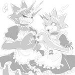 angry anthro apron blush claws clothed clothing cross-popping_vein crossdressing duo embarrassed gesture heart_gesture heart_symbol maid_headdress maid_uniform male smile uniform im7yx bandai_namco digimon digimon_ghost_game betelgammamon digimon_(species) gulusgammamon scalie hi_res monochrome