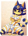 anthro big_breasts breasts camel_toe crouching female frown nipple_outline pattern_background presenting simple_background solo spread_legs spreading wraps izfan animal_crossing nintendo ankha_(animal_crossing) domestic_cat felid feline felis mammal hi_res