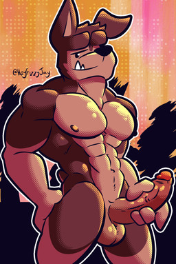 abs anthro balls big_muscles big_pecs erection genitals humanoid_genitalia humanoid_penis looking_at_viewer male muscular muscular_anthro muscular_male nipples nude pecs penis smile solo fizzyjay buddy_thunderstruck_(series) buddy_thunderstruck_(character) canid canine canis domestic_dog mammal digital_media_(artwork) hi_res