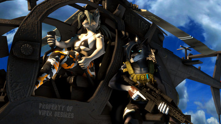 aircraft anthro black_body black_bra black_clothing black_fur black_hair black_underwear blue_eyes bottomwear bra breasts camo camo_bottomwear camo_clothing camo_pants camo_print claws cleavage clothed clothing detailed_background duo female fingerless_gloves fingers fur gloves grey_body grey_fur grey_hair gun hair handwear helicopter inner_ear_fluff military multicolored_body multicolored_fur outside pants pattern_bottomwear pattern_clothing pattern_pants ponytail ranged_weapon rifle short_hair side_boob sniper_rifle text topwear tuft two_tone_body two_tone_fur under_boob underwear vehicle vest weapon viper-desires katie_(viper-desires) canid canine canis domestic_cat felid feline felis mammal wolf 16:9 2023 3d_(artwork) artist_name digital_media_(artwork) hi_res source_filmmaker_(artwork) watermark widescreen