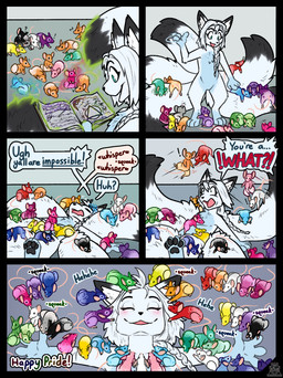5_tails alternate_color ambiguous_gender anthro braided_hair dialogue duo expressions hair happy hivemind lgbt_pride magic magic_glow magic_user multi_tail pride_color_flag pride_colors rainbow shocked speech_bubble tail emberdragon emberdragondog canid canine fox mammal mouse murid murine rodent comic hi_res