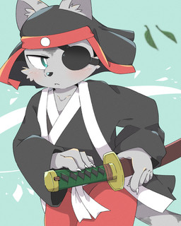 5_fingers anthro asian_clothing black_clothing black_kimono blush claws clothing east_asian_clothing eye_patch eyewear fingers fur grey_body grey_fur headgear headwear holding_melee_weapon holding_object holding_sword holding_weapon japanese_clothing kemono kimono leaf male melee_weapon serious solo sword tail weapon young young_anthro young_male kemoizumi bemani konami pop'n_music pop'n_music_9 kagetora_(pop'n_music) felid mammal pantherine tiger 2024 4:5 hi_res japanese_description