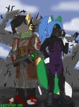 anthro armor blood blue_hair bodily_fluids breasts building clothed clothing day duo female fur gas_mask green_body green_fur gun hair male mask outside ranged_weapon rifle ruins skintight_suit weapon djcoyoteguy fallout microsoft aventis ruben_(djcoyoteguy) canid canine canis coyote fox mammal 3:4 hi_res