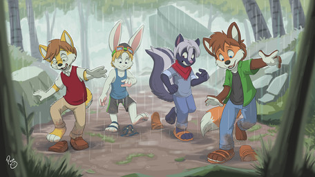 anthro black_body black_fur black_nose blonde_hair brown_hair clothed clothing forest front_view fur grass group hair logo male mouth_closed open_mouth orange_body orange_fur outside plant raining rock standing tree white_body white_fur white_hair yellow_body yellow_fur young young_anthro young_male pandapaco canid canine fox lagomorph leporid mammal mephitid rabbit skunk artist_logo hi_res signature
