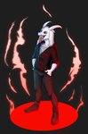 abstract_background anthro black_sclera clothing fur horn jacket looking_at_viewer male mmorgulus solo tongue tongue_showing topwear white_body white_fur slipknot gospod bovid caprine goat mammal hi_res