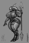 5_fingers anthro anthrofied armor big_breasts biped breasts clothed clothing curvy_figure digitigrade eyelashes female fingers front_view holding_object holding_weapon huge_breasts humanoid_hands looking_at_viewer machine melee_weapon polearm simple_background slightly_chubby solo spear spikes standing thick_thighs voluptuous weapon wide_hips sleepingeel bionicle lego rahkshi robot 2017 absurd_res full-length_portrait hi_res portrait