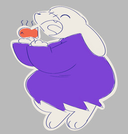 3_fingers anthro bent_legs black_nose cloak clothing eating eyes_closed facial_scar fangs fingers floppy_ears food fried_fish fur grey_background male open_mouth outline overweight overweight_anthro overweight_male paws purple_cloak purple_clothing scar side_view simple_background snout solo teeth white_body white_fur white_outline oofmasterxd cave_story king_(cave_story) lagomorph mammal mimiga 2025 hi_res