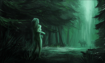 black_border border breasts detailed_background female forest grass group human_focus not_furry_focus nude plant solo_focus tree oneminutesketch canid canine canis human mammal wolf 2015 5:3 digital_media_(artwork) green_theme
