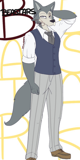 anthro blue_clothing blue_topwear blue_vest bottomwear brown_clothing brown_footwear brown_shoes cheek_tuft claws clothed clothing facial_tuft finger_claws fluffy fluffy_tail footwear fully_clothed fur grey_body grey_bottomwear grey_clothing grey_fur grey_pants hand_behind_head looking_at_viewer male necktie pants pattern_bottomwear pattern_clothing pattern_pants school_uniform shirt shoes simple_background snout solo standing striped_bottomwear striped_clothing striped_pants stripes student tail topwear tuft uniform vest white_clothing white_shirt white_topwear dewwydarts beastars legoshi_(beastars) canid canine canis mammal wolf 2020 hi_res