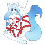 anthro blue_eyes blue_hair bound breasts clothing feet female fur genitals hair looking_at_viewer navel nude presenting presenting_pussy pussy pussy_tuft ribbons solo underwear white_body white_fur inosagi ava_(ddark) canid canine fox mammal absurd_res hi_res