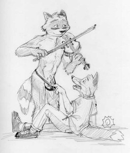 animal_genitalia anthro balls blush bowed_string_instrument clothed clothing duo exposing genitals male male/male musical_instrument partially_clothed penis sheath simple_background string_instrument violin white_background leafdubois aiden_harris colin_young canid canine fox mammal procyonid raccoon monochrome sketch