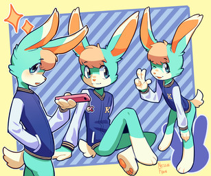 anthro bottomless cellphone clothed clothing electronics gesture hand_gesture jacket letterman_jacket looking_at_viewer male one_eye_closed pawpads phone solo tongue tongue_out topwear v_sign wink nessiefynn animal_crossing nintendo sasha_(animal_crossing) lagomorph leporid mammal rabbit 6:5