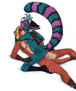 anthro anthro_on_anthro balls blush breasts duo erection female female_penetrated from_front_position genitals jewelry lying male male/female male_penetrating male_penetrating_female necklace nude on_back on_top penetration penile penile_penetration penis penis_in_vagina raised_tail reverse_missionary_position sex side_boob straddling tail vaginal vaginal_penetration vulva tierafoxglove canid canine fox herpestid hybrid mammal meerkat procyonid raccoon 2011