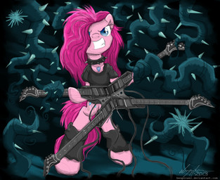 anthro biped blue_eyes clothing collar cutie_mark electric_guitar female fur guitar hair hair_over_eye jewelry long_hair looking_at_viewer musical_instrument necklace one_eye_obstructed open_mouth pink_body pink_fur pink_hair plant plucked_string_instrument shirt smile solo spikes standing string_instrument teeth text thorns topwear vines benprower friendship_is_magic hasbro my_little_pony pinkamena_(mlp) pinkie_pie_(mlp) earth_pony equid equine horse mammal pony 2013 hi_res url