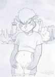 anthro blue_eyes bodily_fluids city cityscape clothed clothing cum cum_from_pussy cum_in_pussy cum_inside female fur genital_fluids genitals hair loli looking_down_at_self multicolored_body multicolored_fur navel nipple_outline outside panties panties_down partially_clothed pussy shirt solo t-shirt topwear underwear underwear_down white_hair young young_anthro young_female robbiewallace natasha_(jmh) mammal mephitid skunk absurd_res hi_res