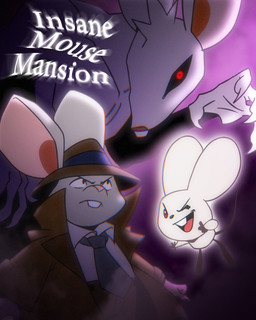 accessory anthro biped bottomwear clothing group hat headgear headwear male necktie one_eye_closed open_mouth pants pink_nose shirt text topwear white_body wink parker_simmons insane:_mouse_mansion mammal mouse murid murine rodent 2026 4:5 english_text hi_res