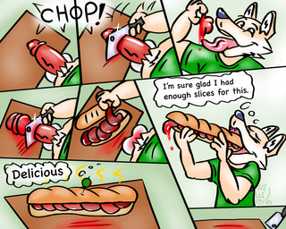anthro autocannibalism blood blood_from_penis bodily_fluids character_prepared_as_food cleaver_(knife) cock_and_ball_torture cutlery food genital_mutilation genital_torture genitals glansectomy gore gore_focus kitchen_knife kitchen_utensils knife male mutilation penectomy penis sandwich_(food) self_mutilation simple_background solo tools toony beebeesba canid canine canis domestic_dog mammal 5:4 comic hi_res