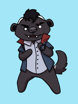 alternate_species anthro arms_bent bangs black_body black_eyebrows black_fur black_hair black_tail blue_background blue_clothing blue_shirt blue_topwear bottomless bottomless_anthro bottomless_male button_(fastener) clock clothed clothed_anthro clothed_male clothing dot_eyes eye_scar eyebrows facial_scar fangs featureless_crotch featureless_limbs fluffy fluffy_tail front_view fur furrification grey_dress_shirt grey_nose hair light looking_at_viewer male male_anthro multicolored_hair open_clothing open_mouth open_shirt open_smile open_topwear red_scar scar shirt short_hair simple_background simple_eyes smile smiling_at_viewer solo tail teeth topwear two_tone_hair two_tone_tail watch white_eyes white_hair wristwatch lunareel animal_crossing dead_by_daylight nintendo david_king_(dead_by_daylight) badger honey_badger mammal mustelid musteline 2019 3:4 cel_shading colored crossover digital_drawing_(artwork) digital_media_(artwork) english_description full-length_portrait lighting portrait shaded