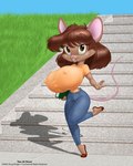 anthro big_breasts big_ears book bouncing_breasts breasts brown_body brown_eyes brown_fur brown_hair buckteeth clothed clothing copyright_symbol eyelashes female floating_eyebrows fully_clothed fur grass hair mouse_tail nipple_outline open_mouth orange_clothing orange_shirt orange_topwear plant shadow shirt small_waist solo steps symbol tail teeth text topwear doug_winger mammal mouse murid murine rodent 2004