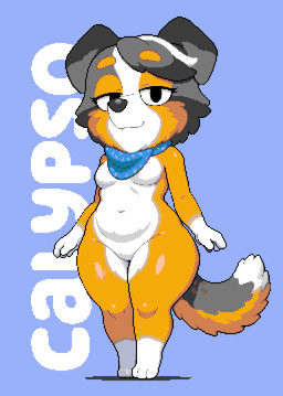 anthro breasts cheek_tuft dipstick_tail eyelashes facial_tuft featureless_breasts featureless_crotch female fur looking_at_viewer markings orange_body orange_fur scarf solo tail tail_markings text thick_thighs tuft wide_hips unknown_artist bluey_(series) calypso_(bluey) australian_shepherd canid canine canis domestic_dog herding_dog mammal pastoral_dog sheepdog 2025 digital_media_(artwork) hi_res pixel_(artwork) wplace_(artwork)