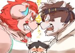 anthro between_pecs blush fighting_over_boy group male male/male muscular muscular_anthro muscular_male pecs aftershaaa lifewonders tokyo_afterschool_summoners chernobog_(tas) horkeu_kamui_(tas) protagonist_(tas) twink_protagonist_(tas) canid canine canis demon human mammal wolf absurd_res hi_res