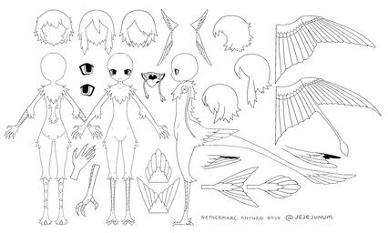 :< ambiguous_anthro ambiguous_gender anthro bald hair line_art_only mouth_closed open_mouth short_hair simple_background solo tail white_background wings jejejunum european_mythology greek_mythology mythology avian harpy mythological_avian mythological_creature nethermare black_and_white hi_res model_sheet monochrome