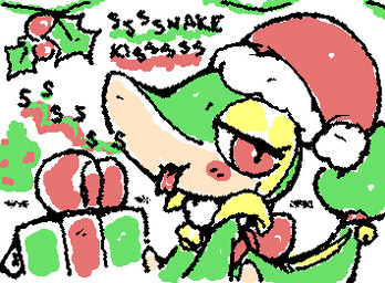 :3 accessory accidental_holly ambiguous_feral ambiguous_gender bedroom_eyes bell black_text blep blush christmas_clothing christmas_headwear clothing dialogue eyelashes featureless_feet feet feral forked_tongue furgonomics gift green_body green_tail half-closed_eyes hat headgear headwear holidays holly_(plant) looking_at_viewer narrowed_eyes plant pupils red_blush red_eyes red_tongue santa_hat seductive simple_background sitting snout solo squigglevision tail tail_accessory tail_bell talking_feral tan_body text tongue tongue_out white_background white_sclera yellow_body ligma_(artist) christmas nintendo pokemon generation_5_pokemon pokemon_(species) snivy 2025 animated digital_media_(artwork) english_text flat_colors low_res wigglypaint_(artwork)