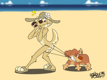 beach clothing coppertone_pose duo hat headgear headwear male sun_hat surprised swimsuit_only toony doodledoggy coppertone_(sunscreen) coppertone_girl charlie_(toon2n) doodle_(doodledoggy) canid canine canis domestic_dog mammal 4:3 hi_res