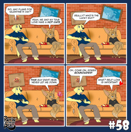 anthro dialogue furniture holidays humor living_room male sitting smile sofa speech_bubble text ariesartist valentine's_day ben_(ariesartist) roger_(ariesartist) bird_dog canid canine canis domestic_dog fennec_fox fox hunting_dog labrador mammal retriever true_fox absurd_res alpha_channel comic english_text hi_res