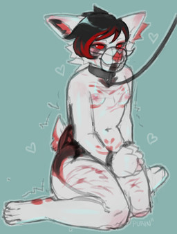 anthro bdsm black_hair black_sclera blood blush bodily_fluids bound fur hair half-closed_eyes hands_tied heart_symbol leash masochism muzzle_(object) muzzled narrowed_eyes offscreen_character petplay red_eyes roleplay shaking solo submissive tail trembling white_body white_fur wire_basket_muzzle womb_tattoo wounded nyannyandaysu bernadette_selka bat flying_fox mammal megabat hi_res trans_(lore) trans_woman_(lore)
