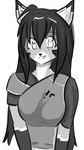 anthro black_hair clothed clothing female fully_clothed hair long_hair machine simple_background smile solo capngoku ara_(fluff-kevlar) android felid feline mammal robot monochrome shaded simple_shading