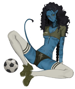 areola areola_slip arm_markings arm_support backward_arm_support ball bent_legs black_eyebrows black_hair black_tail_tuft black_tuft blue_body blue_markings blue_skin blue_stripes blush blush_lines bottomwear braided_hair breasts clothed clothed_female clothed_humanoid clothing crop_top curly_hair dog_tags eyebrows eyelashes facial_markings female female_humanoid footwear front_view fully_clothed fully_clothed_female fully_clothed_humanoid green_bottomwear green_clothing green_crop_top green_eyes green_footwear green_shirt green_shoes green_shorts green_topwear grey_areola grey_lips hair head_markings hotpants jewelry leg_markings legwear lips long_hair long_tail looking_at_viewer markings medium_breasts midriff minor_wound mouth_closed narrowed_eyes navel necklace nipple_outline no_bra not_furry pink_nose plantigrade pointy_ears pose pupils shirt shoes shorts simple_background sitting skimpy slim slim_female slim_humanoid small_pupils soccer_ball solo spread_legs spreading stockings striped_body striped_markings striped_skin stripes tail tail_tuft thigh_highs topwear tuft under_boob white_background white_clothing white_legwear white_stockings white_thigh_highs dirtybigratbot james_cameron's_avatar alien alien_humanoid humanoid na'vi tailed_humanoid full-length_portrait hi_res pinup portrait
