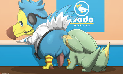 animal_genitalia anthro anus avian_butt avian_feet beak belt blue_body blue_feathers blush butt_sniffing clothing desk duo electronics feathers feral fur furniture genital_slit genitals green_body green_fur headgear headphones headset looking_back male male/male nose_to_anus penis presenting presenting_anus shirt sitting sniffing table topwear winick-lim animal_crossing nintendo pokemon orville_(animal_crossing) avian bird columbid dodo electrike generation_3_pokemon pokemon_(species) recently_extinct_species absurd_res hi_res