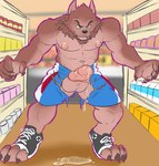 4_toes 5_fingers abs after_transformation aisle animal_genitalia animal_penis anthro arms_out athletic_wear attack_pose balls big_balls big_penis biped black_lips black_nose blurred_background bodily_fluids bottomwear box broad_shoulders brown_body brown_fur calf_muscles can canine_genitalia canine_penis carton cheek_tuft chin_tuft claws clothed clothing container countershading curled_fingers depth_of_field destroyed_clothing digitigrade dripping ejaculation erection facial_tuft fangs feet finger_claws fingers footwear fur genital_fluids genitals grey_claws grocery_store gym_bottomwear gym_shorts head_tuft implied_transformation inside knot leaking_precum leaning leaning_forward lips looking_at_viewer male mane multicolored_body multicolored_fur muscular muscular_anthro muscular_male navel neck_tuft nipples open_mouth paws penis pink_nipples pink_penis pose precum precum_drip precum_on_ground public sharp_teeth shelf shelving shoes shorts smile snout solo standing teeth toe_claws toes tongue topless torn_bottomwear torn_clothing torn_shoes torn_shorts tuft two_tone_body two_tone_fur vein veiny_penis whisker_spots wide_stance yellow_eyes shawd converse goosebumps goosebumps_(movie) mythology the_werewolf_of_fever_swamp werewolf_of_fever_swamp canid canine mammal mythological_canine mythological_creature werecanid werecanine werecreature werewolf flat_colors warm_colors