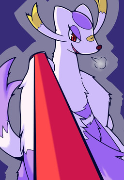 ambiguous_gender anthro breath dominant eyelashes fur holding_object leash leash_pull leashed_viewer looking_at_viewer nude open_mouth purple_body purple_fur red_eyes simple_background smile solo tongue セレイト nintendo pokemon generation_5_pokemon mammal mienshao mustelid pokemon_(species) 2013