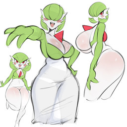 age_progression big_breasts breast_size_difference breasts chest_spike female fingers green_body hair hair_over_eyes huge_breasts not_furry open_mouth red_eyes smile solo spikes spikes_(anatomy) tongue white_body saltyxodium nintendo pokemon gardevoir generation_3_pokemon humanoid pokemon_(species) 1:1 2026 hi_res