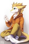 anthro barefoot blue_eyes blush bottomwear cheek_tuft chest_tuft claws clothed clothing facial_tuft feet fur glistening glistening_eyes hoodie male mouth_closed neck_tuft orange_clothing orange_hoodie orange_topwear pants sitting solo tail toe_claws topwear tuft white_body white_claws white_fur yellow_body yellow_bottomwear yellow_clothing yellow_fur yellow_pants kuttoyaki mythology dragon furred_dragon furred_scalie mythological_creature mythological_scalie scalie absurd_res full-length_portrait hi_res portrait signature