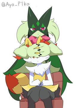 3_fingers ambiguous_anthro ambiguous_gender anthro arm_tuft biped black_body black_claws black_fur cheek_tuft chest_tuft claws covering covering_eyes covering_face digitigrade dipstick_tail duo facial_tuft finger_claws fingers flat_chested fur green_body green_fur hip_tuft looking_at_viewer markings multicolored_body multicolored_fur nude_ambiguous nude_anthro orange_body orange_eyes orange_fur orange_nose orange_tail_tip pink_nose red_eyes shoulder_tuft simple_background sitting standing tail tail_markings tuft twitter_handle two_tone_tail white_background white_body white_fur yellow_body yellow_fur yellow_tail aya_tsuji nintendo pokemon braixen canid felid generation_6_pokemon generation_9_pokemon mammal meowscarada pokemon_(species) 2023 absurd_res cel_shading colored digital_drawing_(artwork) digital_media_(artwork) hi_res shaded signature