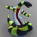 anthro balancing_on_tail black_stripes blue_eyes cheerful clothed clothing fingerless_(marking) fully_clothed green_stripes grey_background happy long_neck open_mouth red_clothing red_topwear simple_background solo striped_body stripes tail topwear white_outerwear dragonwithgames reptile scalie snake 1:1 digital_media_(artwork) full-length_portrait hi_res portrait