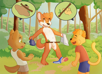 4_fingers 4_toes animal_genitalia anthro balls biped black_eyebrows black_nose blue_sky bottomwear briefs briefs_around_ankle brown_eyebrows brown_nose casual_nudity cheek_tuft clothed clothed/nude clothed_anthro clothed_male clothing countershade_balls countershade_face countershade_feet countershade_fur countershade_genitalia countershade_hands countershade_legs countershade_neck countershade_tail countershade_torso countershading cute_fangs day eyebrows eyes_closed facial_tuft fangs feet fingers forest forest_background fully_clothed fully_clothed_anthro fully_clothed_male fully_sheathed fur fur_tuft furgonomic_bottomwear furgonomic_shorts furgonomics genitals grass green_eyes green_pupils group hair handpaw head_tuft holding_clothing holding_object inner_ear_fluff iris long_tail looking_at_another male male_anthro monotone_body monotone_bottomwear monotone_clothing monotone_fur monotone_hair monotone_shirt monotone_shorts monotone_t-shirt monotone_tail monotone_tank_top monotone_topwear multicolored_body multicolored_fur multicolored_tail nature nature_background navel nude nude_anthro nude_male one_fang open_mouth open_smile orange_body orange_eyes orange_fur orange_hair orange_tail outdoor_nudity outside pawpads paws pink_pawpads pink_tongue plant plantigrade plantigrade_pawpads playful pupils sheath shirt short_hair shorts shota shrub sky smile snout standing stick t-shirt tail tail_clothing tan_body tan_fur tan_tail tan_tuft tank_top teeth toes tongue topwear tree trio tuft two_tone_body two_tone_fur two_tone_tail underwear underwear_around_ankle white_balls white_body white_countershading white_fur white_inner_ear white_inner_ear_fluff white_sclera white_sheath white_tail white_tuft yellow_body yellow_eyes yellow_fur yellow_inner_ear yellow_inner_ear_fluff yellow_tail yellow_tuft young young_anthro young_male akonipup canid canine canis domestic_dog felid fox lion mammal pantherine english_description hi_res pictographics shaded