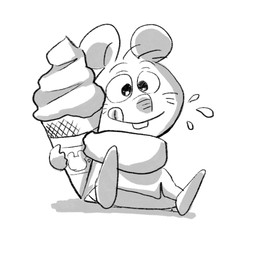 anthro biped chibi clothed clothing dessert food ice_cream simple_background sitting solo tongue tongue_out hikari_gamba gamba_no_bouken gamba_no_bouken_(series) chuuta mammal mouse murid murine rodent 1:1 2024 hi_res monochrome