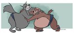 anthro asian_clothing belly blue_clothing bottomwear brown_body brown_fur clothing duo east_asian_clothing fur grey_body grey_fur japanese_clothing male mawashi one_eye_closed overweight overweight_anthro overweight_male sumo sumo_wrestler sumo_wrestling dutch_(artist) disney robin_hood_(disney) friar_tuck sheriff_of_nottingham badger canid canine canis mammal mustelid musteline wolf 2020