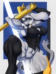 alternate_body_type anthro antlers black_clothing black_legwear black_thigh_highs blue_eyes bottomless bottomless_anthro clothed clothing dream_breaker_(pseudoregalia) featureless_crotch female fighting_pose grey_body holding_object holding_weapon horn legwear muscular muscular_anthro muscular_arms muscular_female muscular_legs on_one_leg pose raised_leg smile solo spread_legs spreading standing tail thick_thighs thigh_highs weapon lolitiaowo pseudoregalia sybil_(pseudoregalia) jackalope lagomorph leporid mammal rabbit digital_drawing_(artwork) digital_media_(artwork) hi_res