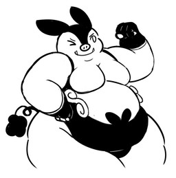 anthro anthrofied belly breasts clothing curvy_figure fangs featureless_breasts female fingerless_gloves flexing flexing_bicep gloves hand_on_hip handwear huge_hips huge_thighs leotard musclegut muscular one_eye_closed overweight overweight_anthro overweight_female pokemorph simple_background smile solo tail teeth thick_thighs white_background wide_hips wink dorkass nintendo pokemon domestic_pig generation_5_pokemon mammal pignite pokemon_(species) suid suine sus_(pig) 2020 black_and_white digital_drawing_(artwork) digital_media_(artwork) monochrome portrait sketch three-quarter_portrait