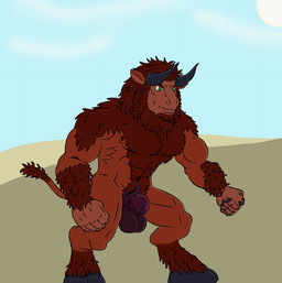 5_fingers abs animal_genitalia animal_penis anthro balls biceps big_balls biped body_hair brown_body brown_fur brown_hair cloud cloven_hooves day equine_genitalia equine_penis eyebrows fingers flaccid fur genitals green_eyes hair happy_trail hooves horn male muscular muscular_anthro muscular_male navel neck_tuft outside pecs penis penis_tip sheath simple_background sky solo sun tuft unguligrade naughty_ram blizzard_entertainment warcraft bovid bovine cattle mammal tauren digital_drawing_(artwork) digital_media_(artwork)