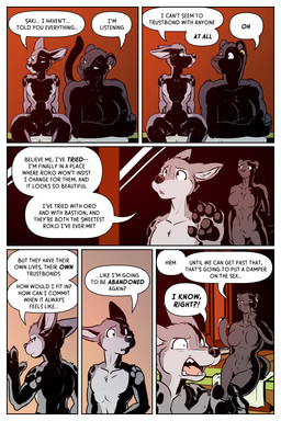 anthro bed breasts claws dialogue duo ear_piercing ear_ring female furniture harsh_lighting lamp looking_up nude pawpads piercing ring_piercing size_difference tattoo text window worried rick_griffin ideka sakitori canid canine canis felid mammal pantherine wolf 2024 2:3 comic english_text hi_res